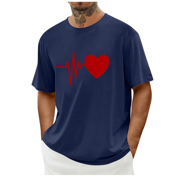 FAWUUDO Valentines Day Simple Print T Shirt for Men Short Sleeve Round Neck Casual Romantic Holiday Gift Idea Navy L
