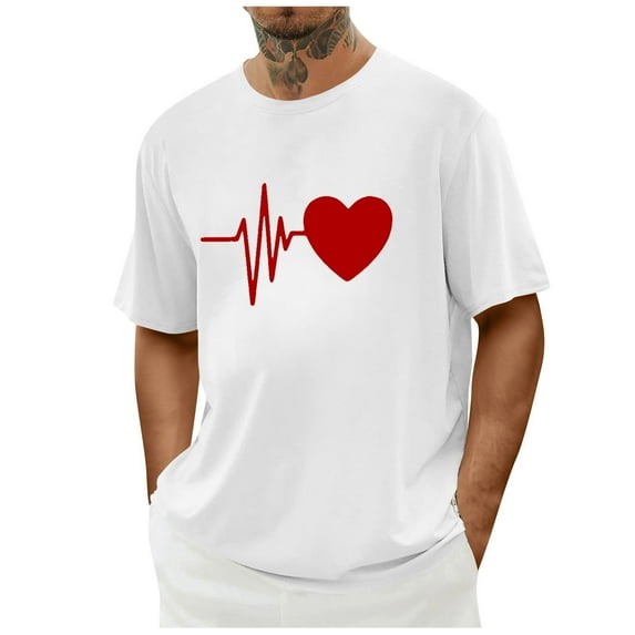 FAWUUDO Valentines Day Simple Print T Shirt for Men Short Sleeve Round Neck Casual Romantic Holiday Gift Idea White 2XL