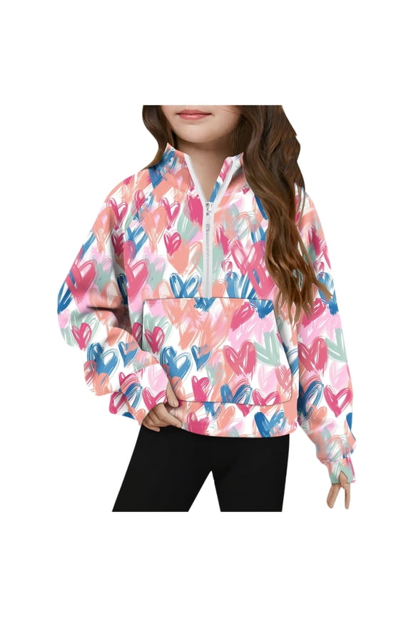 Valentines Gift for Girls Big Youth Size Pullover Half Zip Stand Collar Thumb Hole Long Sleeve Casual Printed Sweatshirt Pink 5-6 Years