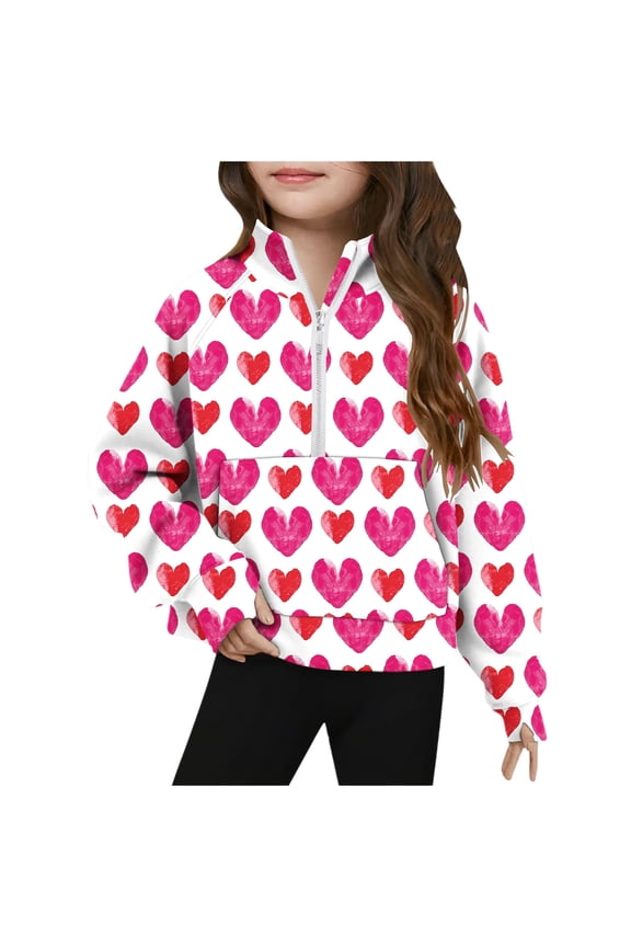 Valentines Gift for Girls Big Youth Size Pullover Half Zip Stand Collar Thumb Hole Long Sleeve Casual Printed Sweatshirt Pink 9-10 Years