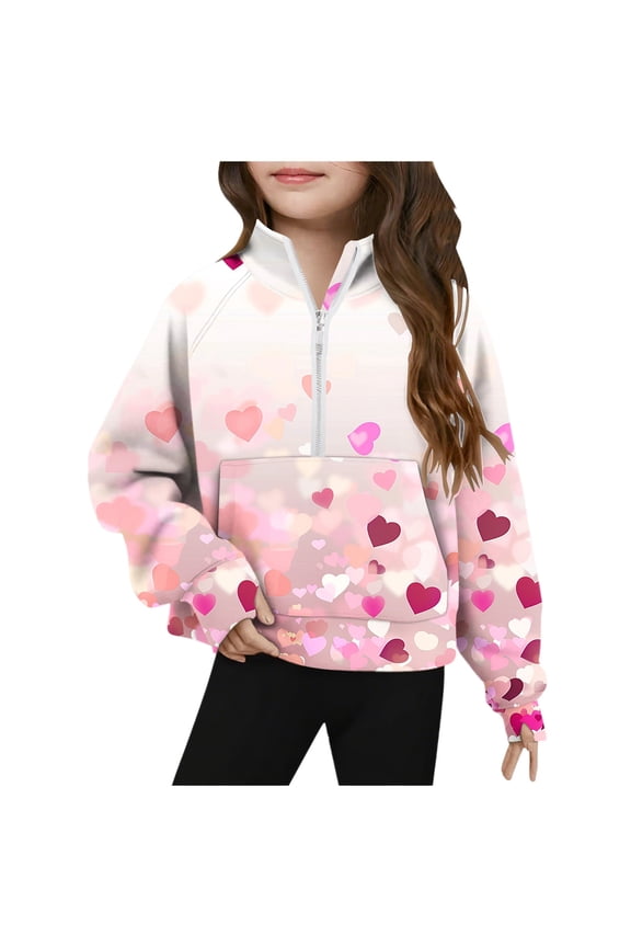 Valentines Gift for Girls Big Youth Size Pullover Half Zip Stand Collar Thumb Hole Long Sleeve Casual Printed Sweatshirt Pink 9-10 Years