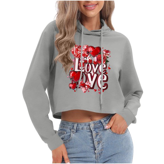 FAWUUDO Valentines Gift for Her Womens Hooded Sweatshirt Long Sleeve Pullover Printed Graphic Casual Romantic Cozy Holiday Wear Gray 2XL