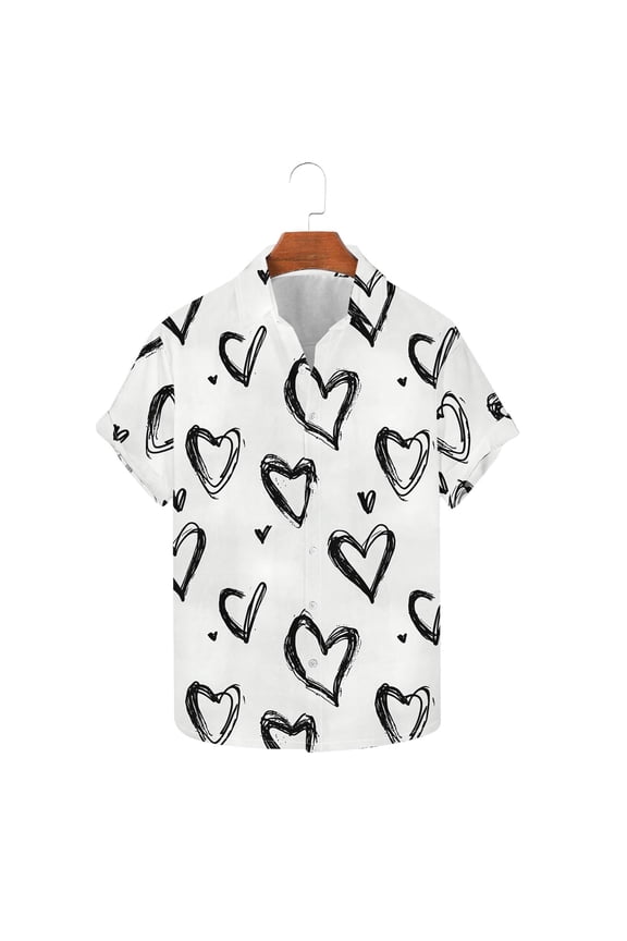 Valentines Gift for Him Mens Short Sleeve Casual Shirt Button Down Collared Printed Romantic Graphic Holiday Beach Wear Gray L
