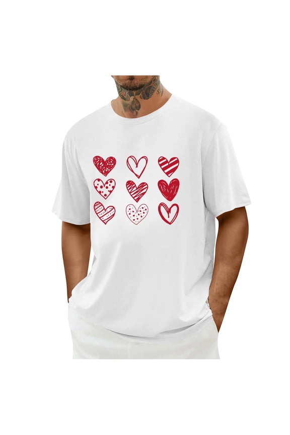 Valentines Gift for Him Mens Short Sleeve Round Neck T Shirt Casual Simple Printed Tee Romantic Graphic Holiday White 2XL