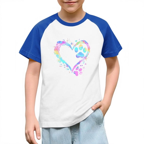 FAWUUDO Valentines Gift for Kids Short Sleeve Raglan Tee Casual Graphic Print T Shirt Boys Girls Romantic Holiday Summer Top Blue 13-14 Years