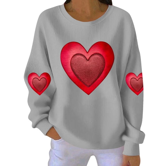 FAWUUDO Valentines Sweatshirt Women Love Heart Shirts Ribbed Textured Knit Casual Shirt Lightweight Long Sleeve Top