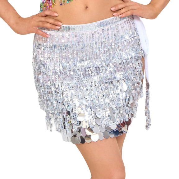 FAWUUDO Wome's Sequin Fringe Mini Skirt, Sparkly Tassel Hip Scarf Wrap