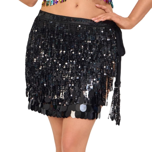FAWUUDO Wome's Sequin Fringe Mini Skirt, Sparkly Tassel Hip Scarf Wrap