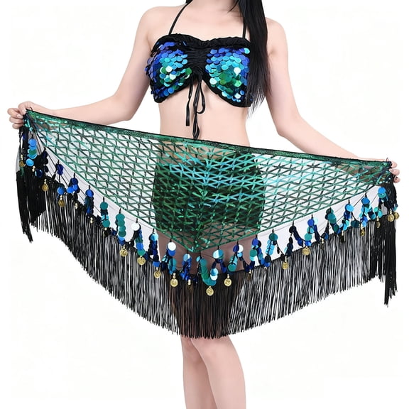 FAWUUDO Wome's Sequin Fringe Mini Skirt, Sparkly Tassel Hip Scarf Wrap
