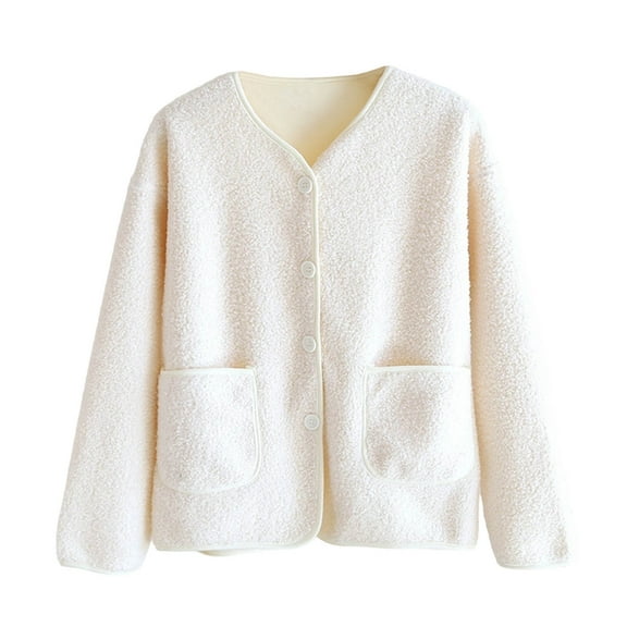 FAWUUDO Women Fuzzy Fleece Pajama Tops V-Neck Button Down Sleepwear Long Sleeve Plush Jacket Warm Winter Coat with Pockets