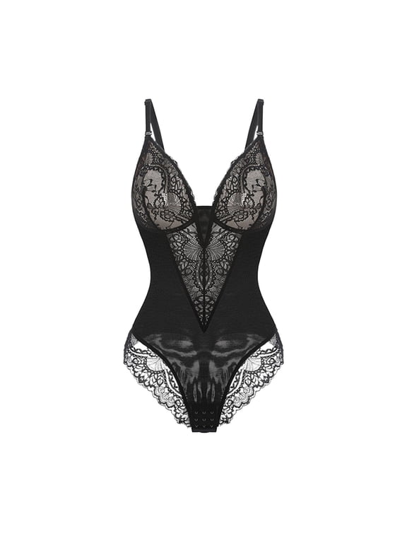 Women Lace Bodysuit Deep V Neck Mesh Corset Bodysuit Shapewear Adjustable Strap Snap Crotch Tummy Control Sculpting Onesie Black