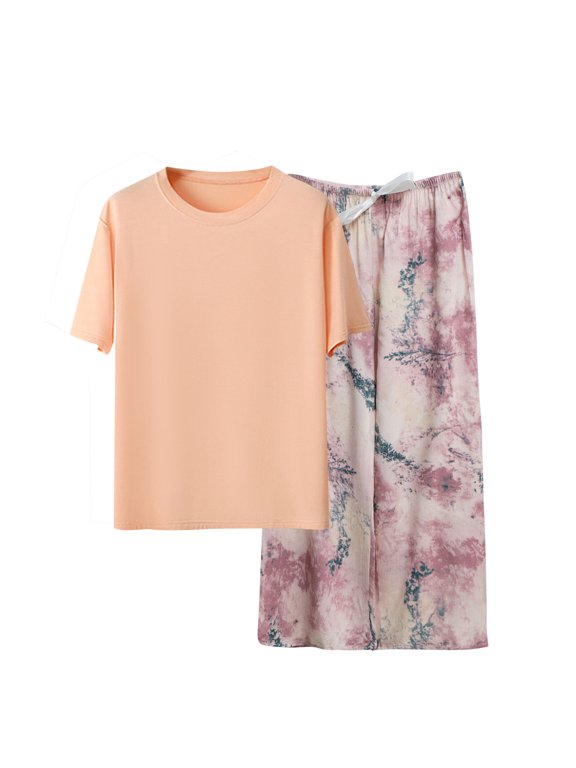 Women Print Cotton Pajama Set Short Sleeve Solid Top & Pants 2 Piece Sleepwear