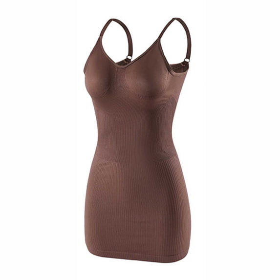 FAWUUDO Women Shapewear Slips for Under Dresses Tummy Control Full Slip Dress V Neck Spaghetti Straps Body Shaper Seamless Shaping Dress D-Coffee