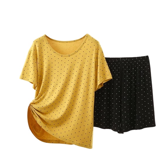 ROHUUQUE Women Solid Pajama Set Short Sleeve Crew Neck Top & Shorts 2 Piece Sleepwear