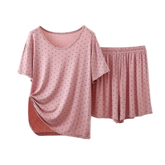 ROHUUQUE Women Solid Pajama Set Short Sleeve Crew Neck Top & Shorts 2 Piece Sleepwear