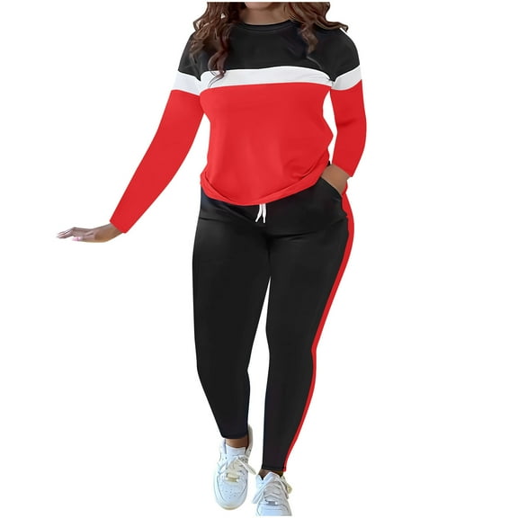 FAWUUDO Women Stripe Patchwork Two Piece Sweatsuit Round Neck Pullover and Skinny Long Pants Sets Red