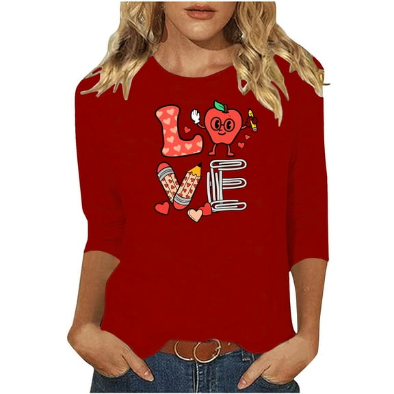 FAWUUDO Women Valentines Day Shirts Love Heart Printed Cute Tops Crewneck Long Sleeve Tshirts Graphic Tees