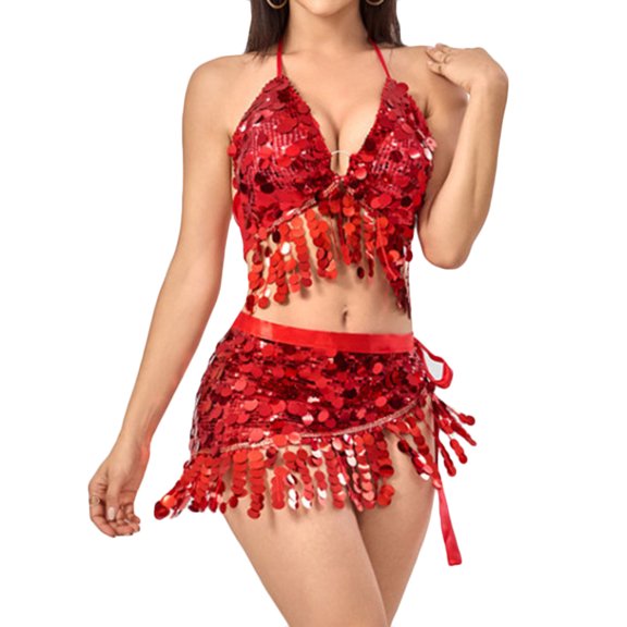 FAWUUDO Women's 2 Pcs Belly Dance Dress Sequins Tassel Hip Scarf with Halter Bra Top Set Latin Dance