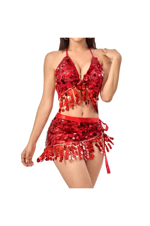 Women's 2 Pcs Belly Dance Dress Sequins Tassel Hip Scarf with Halter Bra Top Set Latin Dance