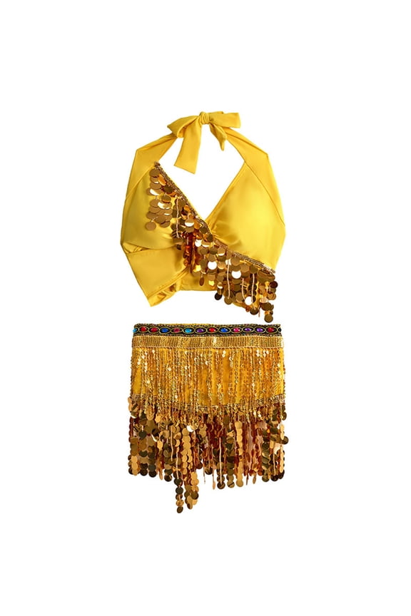 Women's 2 Pcs Belly Dance Dress Sequins Tassel Hip Scarf with Halter Bra Top Set Latin Dance
