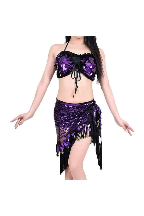 Women's 2 Pcs Belly Dance Dress Sequins Tassel Hip Scarf with Halter Bra Top Set Latin Dance