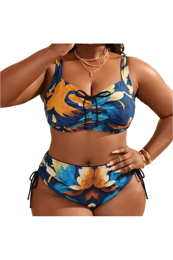 Women's 2 Piece Bikini Sets Floral Print Spaghetti Strap Top with Side Tie Bottom Modest Swimwear