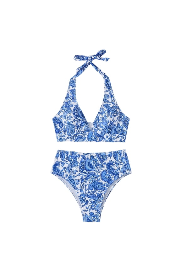 Women's 2 Piece High Waisted Bikini Set Drawstring Adjustable Push Up Top with High Waist Bottom Modest Swimwear