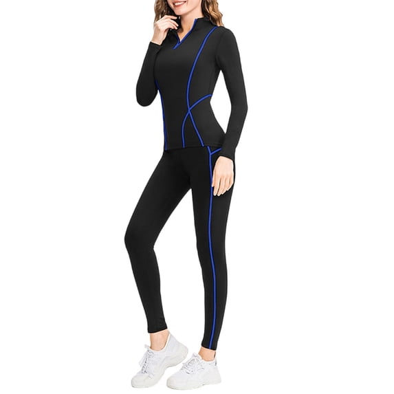 TEAJOPSUU Women's 2 Piece Workout Set Half Zip Mock Neck Long Sleeve Workout Top & High Waist Yoga Leggings with Pockets Gym Fitness Athletic Suits Blue