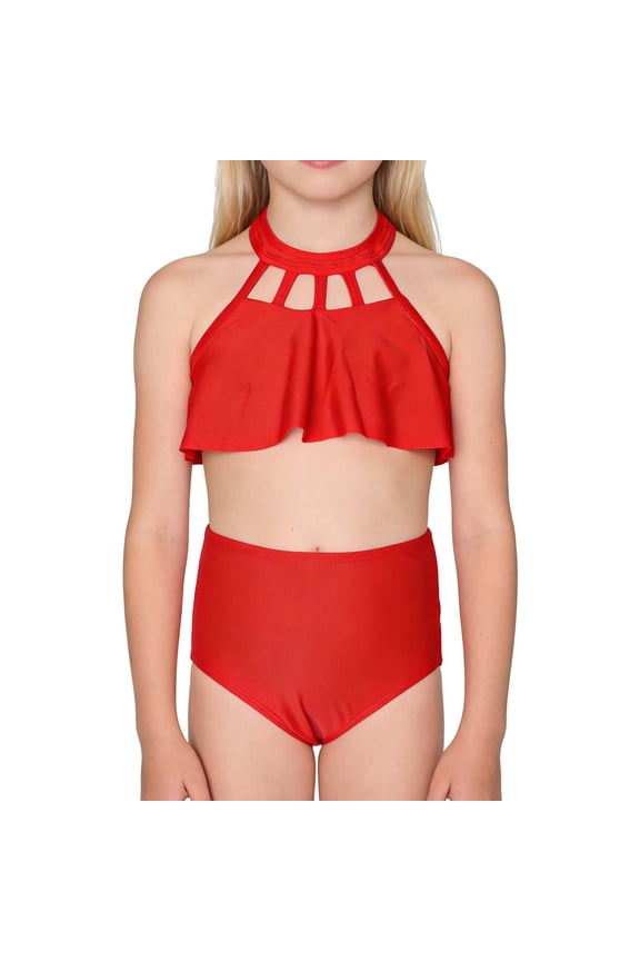 Girls 2-12 Years Solid Nylon Bikini Set 2 Piece Swimsuit Kids Bathing Suits Summer Beach Vacation Swimwear