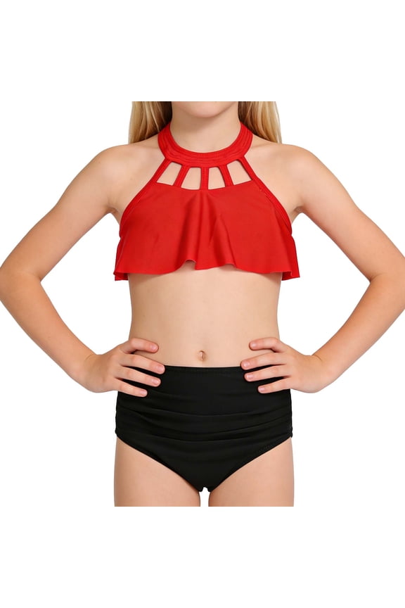 Girls Bikini 2-12 Years 2 Piece Swimwear Solid Nylon Colorful Bathing Suits Kids Summer Beach Vacation Pool