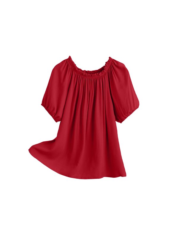 Women's Blouses Off Shoulder Puff Ruffled Short Sleeve Solid Color Casual Tops for Spring Summe