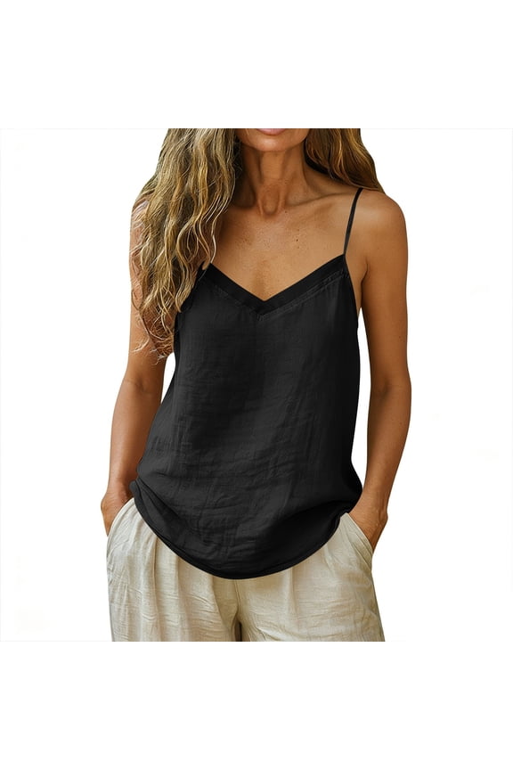 Women's Boho Tops Linen Blend V-Neck Sheer Yoke Detail Loose Fit Sleeveless Summer Camisole