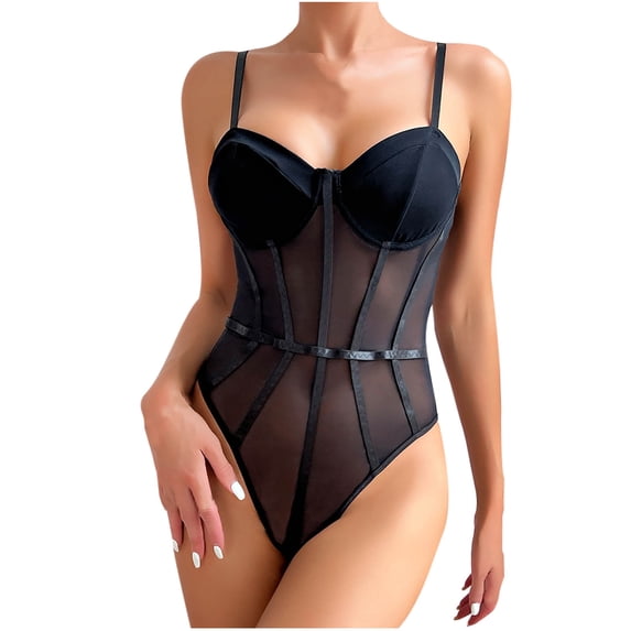 TEAJOPSUU Women's Corset Bodysuit Mesh Sheer See-Through Shapewear Sleeveless Spaghetti Strap Solid Body Suit Black