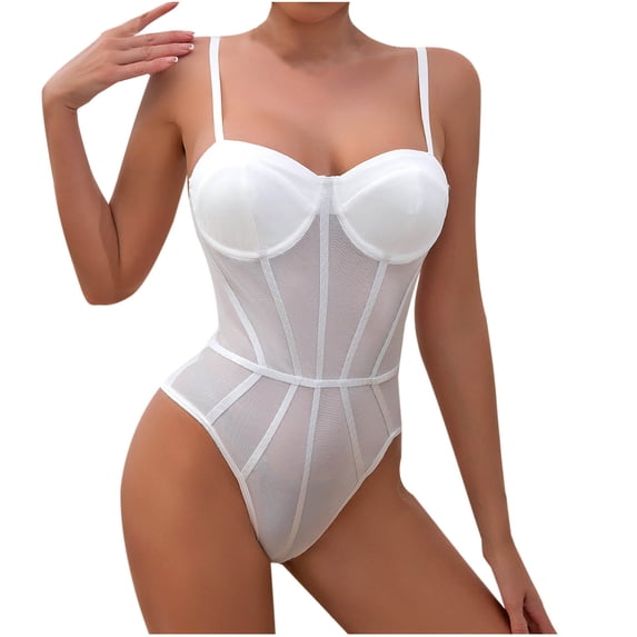 TEAJOPSUU Women's Corset Bodysuit Mesh Sheer See-Through Shapewear Sleeveless Spaghetti Strap Solid Body Suit White