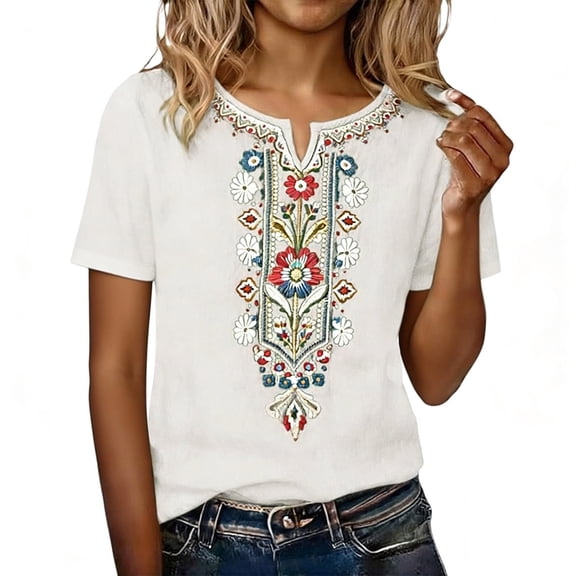 ROHUUQUE Women's Cotton Embroidered Tops Bohemian Short Sleeve Solid Loose Fit Casual Blouses for Summer Vacation