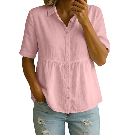 ROHUUQUE Women's Cotton Linen Shirts Collared Button Down Short Sleeve Solid Casual Tops for Home Daily Wear