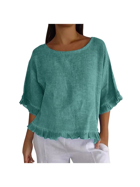 Women's Cotton Linen Shirts Round Neck 3/4 Sleeve Solid Ruffle Pleated Loose Casual Plus Size Blouses for Daily Spring Summer