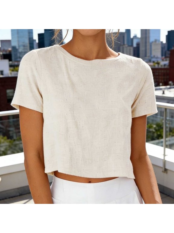 Women's Cotton Linen Tops Round Neck Short Sleeve Solid Reversible Button Loose Casual Blouses Spring Summer
