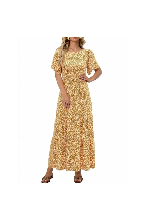 Women's Dresses Boho Round Neck Short Sleeve Maxi Casual Floral Print Beach Dress Yellow 3XL