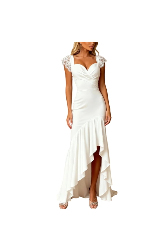 Women's Dresses V Neck Cap Sleeve Lace High Split Formal Wedding Guest Maxi Dress Evening Party Gown White