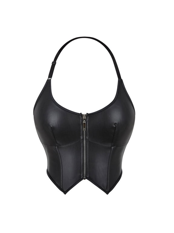 Women's Faux Leather Corset Top Halter Neck Lace Up Bustier with Zipper Front Sleeveless Bustier Waist Trainer B-Black