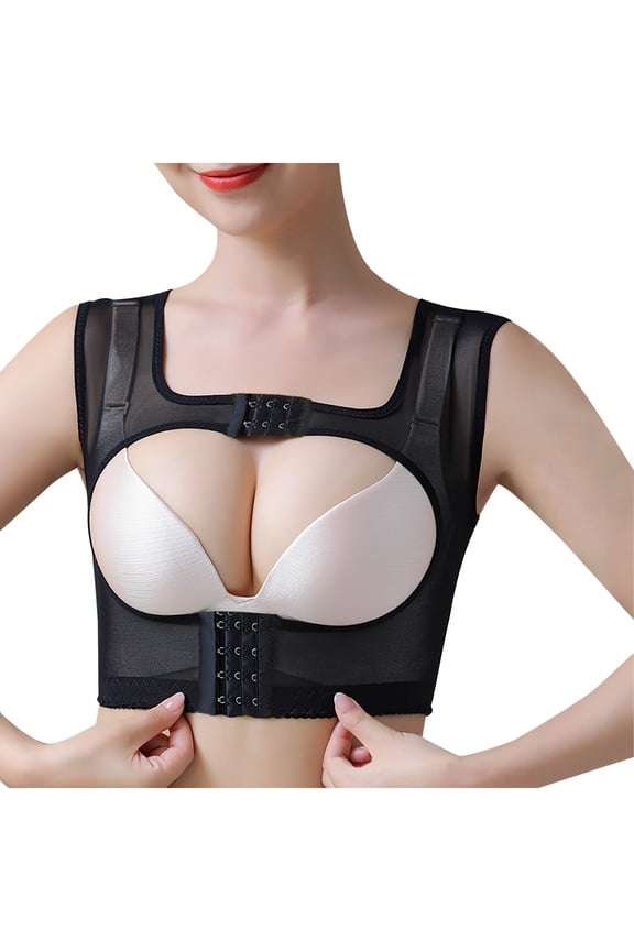 Women's Front Closure Bustier Shapewear Underwire Push Up Bra with Adjustable Hook & Eye Tummy Control & Back Support Corset for Postpartum Training F-Black