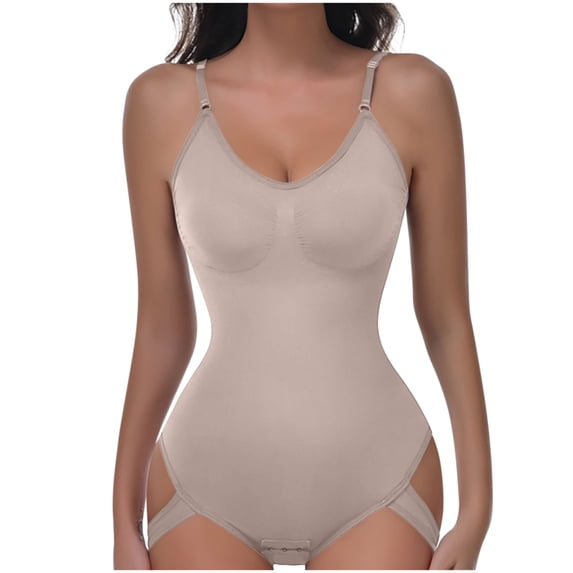 FAWUUDO Women's Full Body Shapewear Adjustable Strap Ribbed Seamless Bodysuit Shapewear Snap Crotch Tummy Control Butt Lifting Shaper Khaki
