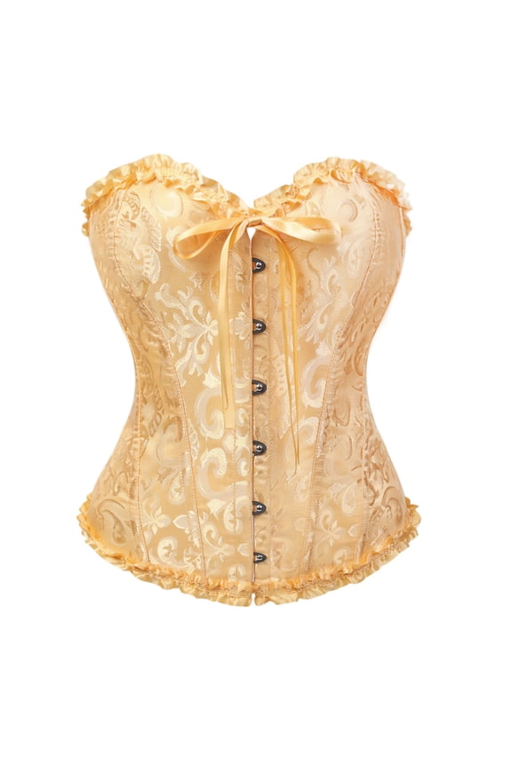 Women's Gothic Corset Top Jacquard Ruffle Sweetheart Strapless Steampunk Corset Front Busk & Back Lace-Up Vintage Waist Cincher Bustier A-Orange
