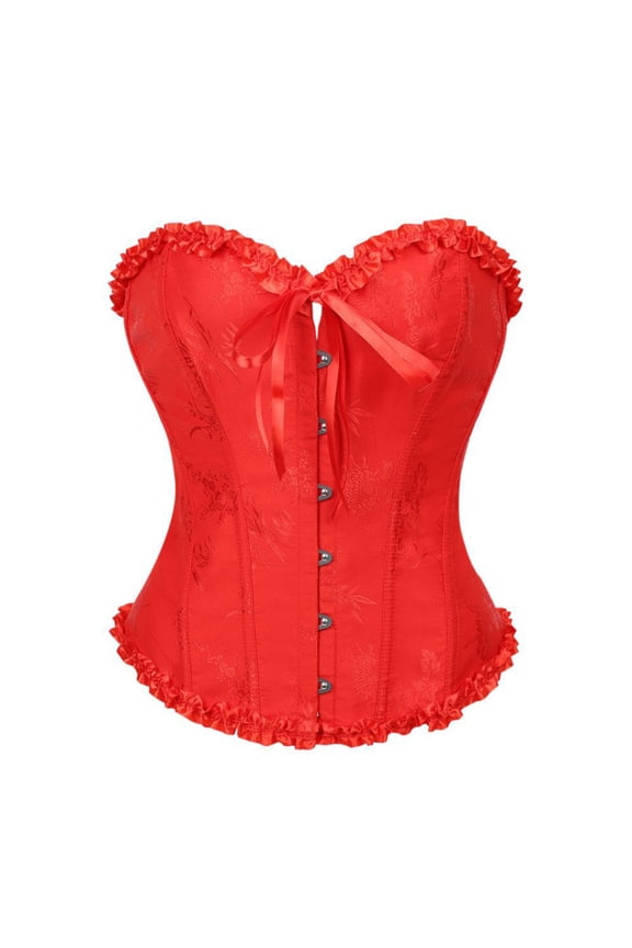 Women's Gothic Corset Top Jacquard Ruffle Sweetheart Strapless Steampunk Corset Front Busk & Back Lace-Up Vintage Waist Cincher Bustier B-Red