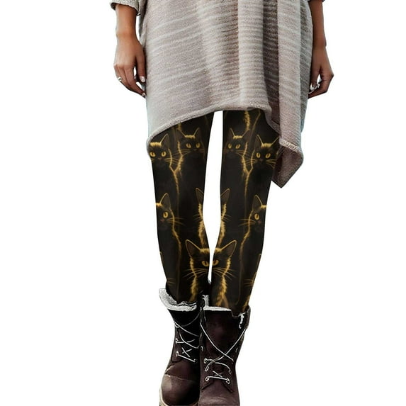 FAWUUDO Women's Halloween Print Leggings Sports Fitness Pants Solid Colored Casual Tight Gold