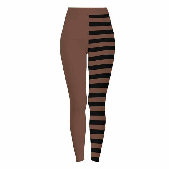 FAWUUDO Women's Halloween Striped Print Leggings Sports Leggings Printed Soft Stretchy Pants Coffee