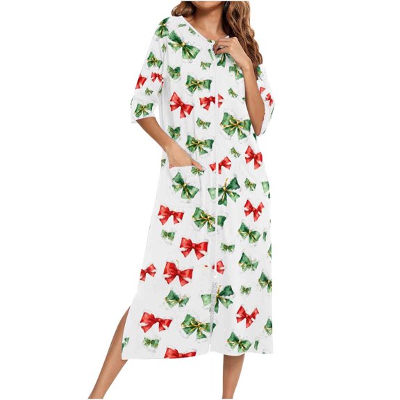 FAWUUDO Women's Long House Coat Full Zipper Robes Housecoat with Pockets Bath Robes Lightweight