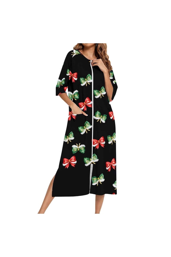 Women's Long House Coat Full Zipper Robes Housecoat with Pockets Bath Robes Lightweight