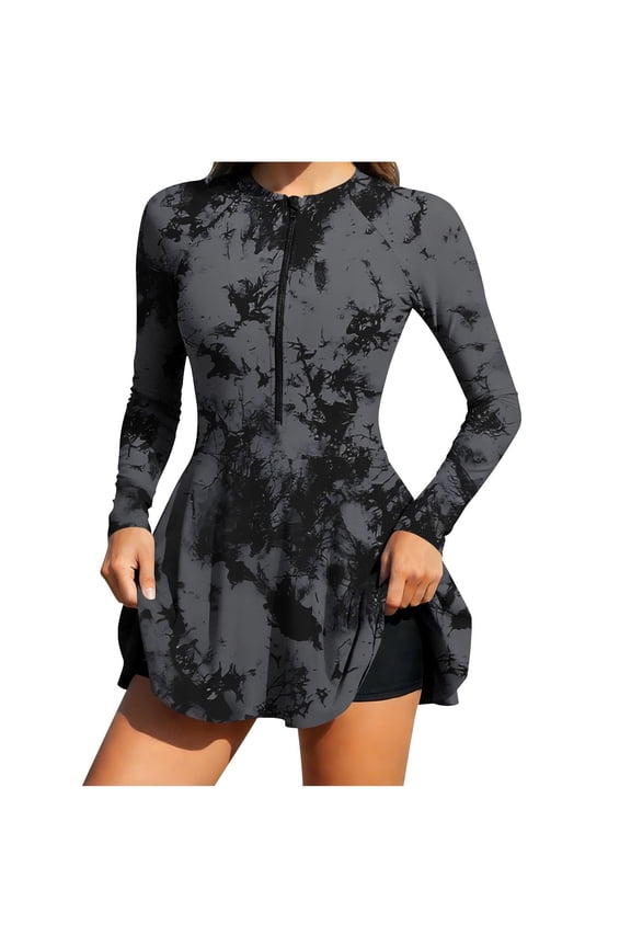 Women's Long-Sleeved One-Piece Swimsuits Sets with Sun Protection Quick-Drying Half-Zip Padged Chest Printed Stand Collar Surf